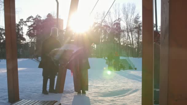 Ryska folket - kvinna i folkdräkt rider på en gunga i en vinterpark — Stockvideo