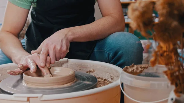 Pottery - potter master is working with clay on a potters wheel — Stock Photo, Image