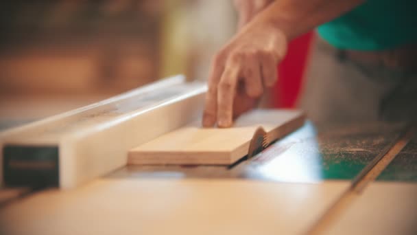 Trabajos de carpintería - hombre cortando el trozo de madera — Vídeos de Stock