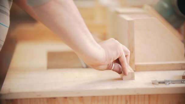 Trabajos de carpintería: manos del trabajador que mueve la madera contrachapada a otros artículos de madera — Vídeo de stock