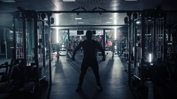 Silhouette d'un homme fort s'entraînant les mains dans la salle de gym — Video