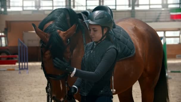 Hippodrom - ung rytter i spesialutstyr står med hesten og smiler – stockvideo