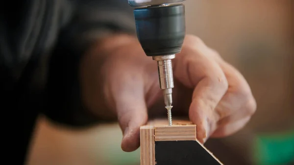 Carpentry industry indoors - worker drills a screw into the plywood — Stock Photo, Image