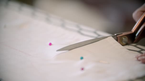 Девушка швея режет ткань вслед за мылом — стоковое видео
