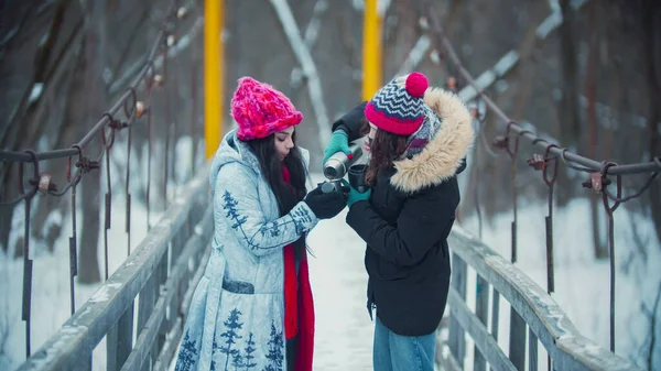 Duas mulheres bebem bebidas quentes da garrafa térmica e caminham na ponte nevada — Fotografia de Stock