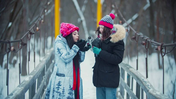 Dos mujeres jóvenes tomando bebidas calientes y caminando por el puente nevado — Foto de Stock