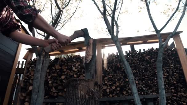 Corte de madeira com um machado na pilha de madeira - o machado preso no tronco — Vídeo de Stock