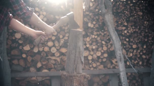 Hombre tratando de cortar tronco seco con un hacha en la pila de madera — Vídeo de stock