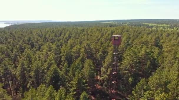 Edifício de torre de alto marco na floresta - vista vasta — Vídeo de Stock