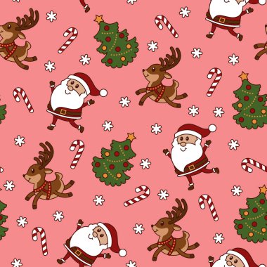 Noel Baba, Noel ağacı, geyik, şeker kamışı ve pembe arka planda kar taneleri. Stok vektör illüstrasyonu