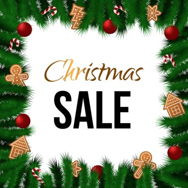 Noel ağacı dalları ve geleneksel dekorasyonlarla Noel ve Yeni Yıl için kare indirimli pankart: zencefilli kurabiye, balo, şeker kamışı. Stok vektör illüstrasyonu.