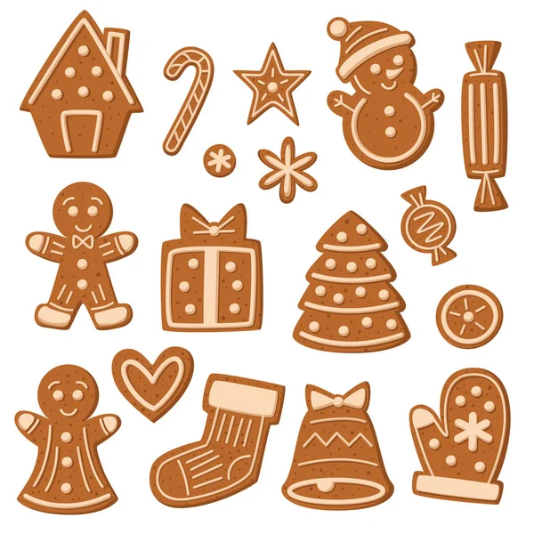 Christmas gingerbread cookies with icing collection — Stock Vector