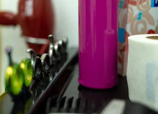 Scissors in the barbershop. hairdryer in the side — Stock Photo, Image