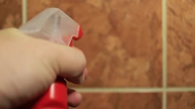 Bir bez parçasıyla duvarları ve fayansları ovuyor. Temizlik maddesiyle temizleme spreyi.