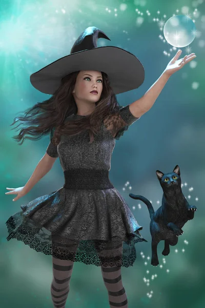 Krásná Mladá Čarodějka Její Black Cat Casting Kouzla — Stock fotografie