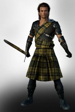 Claymore kılıç tutan bir Tartan Kilt yakışıklı İskoç Highland savaşçı