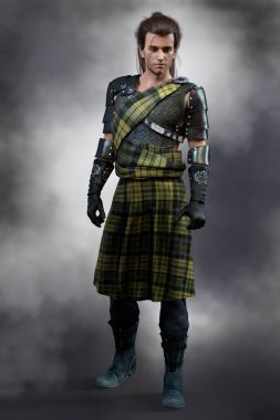Geleneksel İskoç romantik Highland savaşçı deri zırh veya zırh ile yeşil ekose etek giymiş