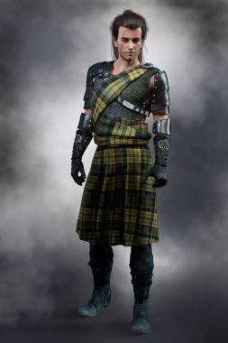 Traditional Scottish Romantic Highland Warrior dressed in green tartan kilt with leather armor or armour clipart