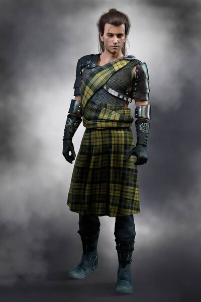 Traditional Scottish Romantic Highland Warrior dressed in green tartan kilt with leather armor or armour