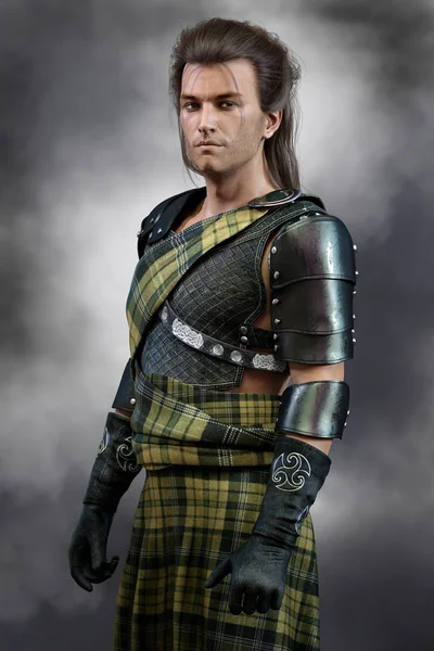 Handsome Scottish Warrior Prince wearing traditional tartan kilt and body armour
