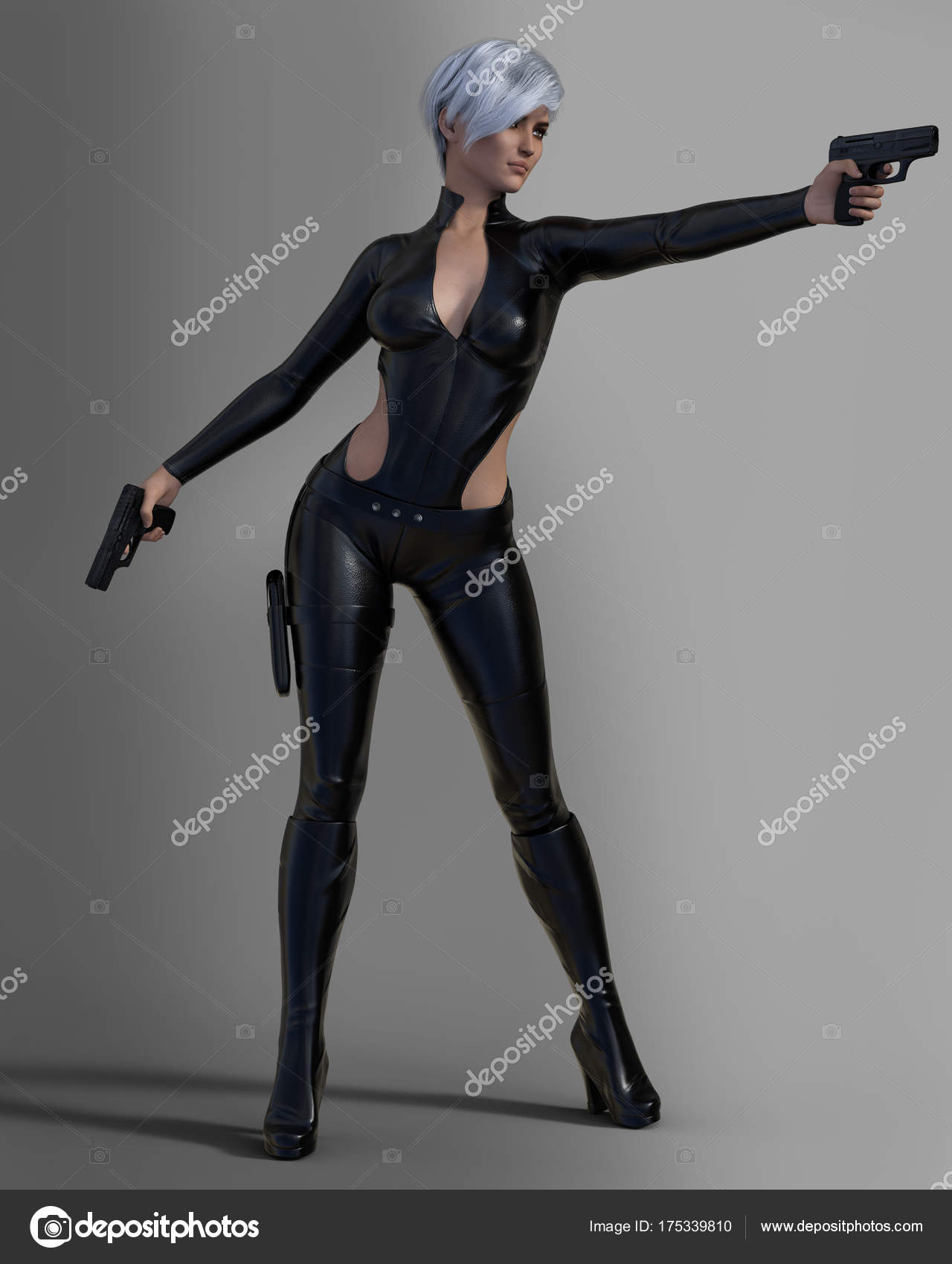Beautiful Woman Assassin Black Leather Outfit Holding Two Guns Stock Photo  by ©MerryDesigns 175339810