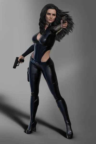 美しいブルネットの女性暗殺者位置の戦いに つの銃を保持しています — ストック写真