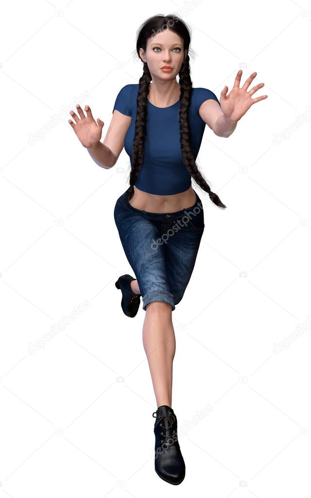 Beautiful young woman running forwards in a supernatural fighting pose