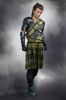 Highlander tarzında geleneksel İskoç savaş elbise ciddi ve huysuz yakışıklı adam