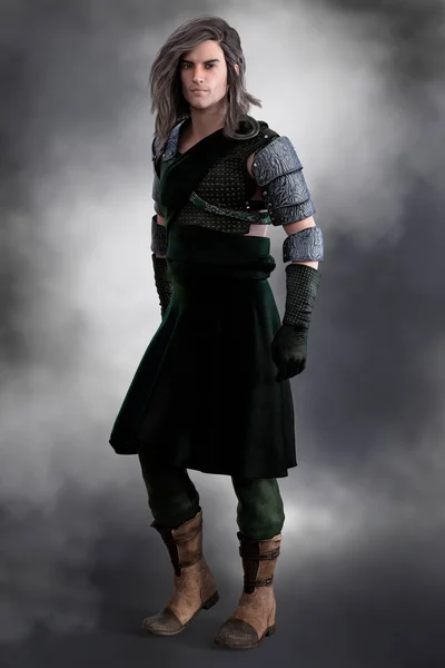 Schottische Kriegerfigur trägt Rüstung und einen schlichten grünen Kilt — Stockfoto