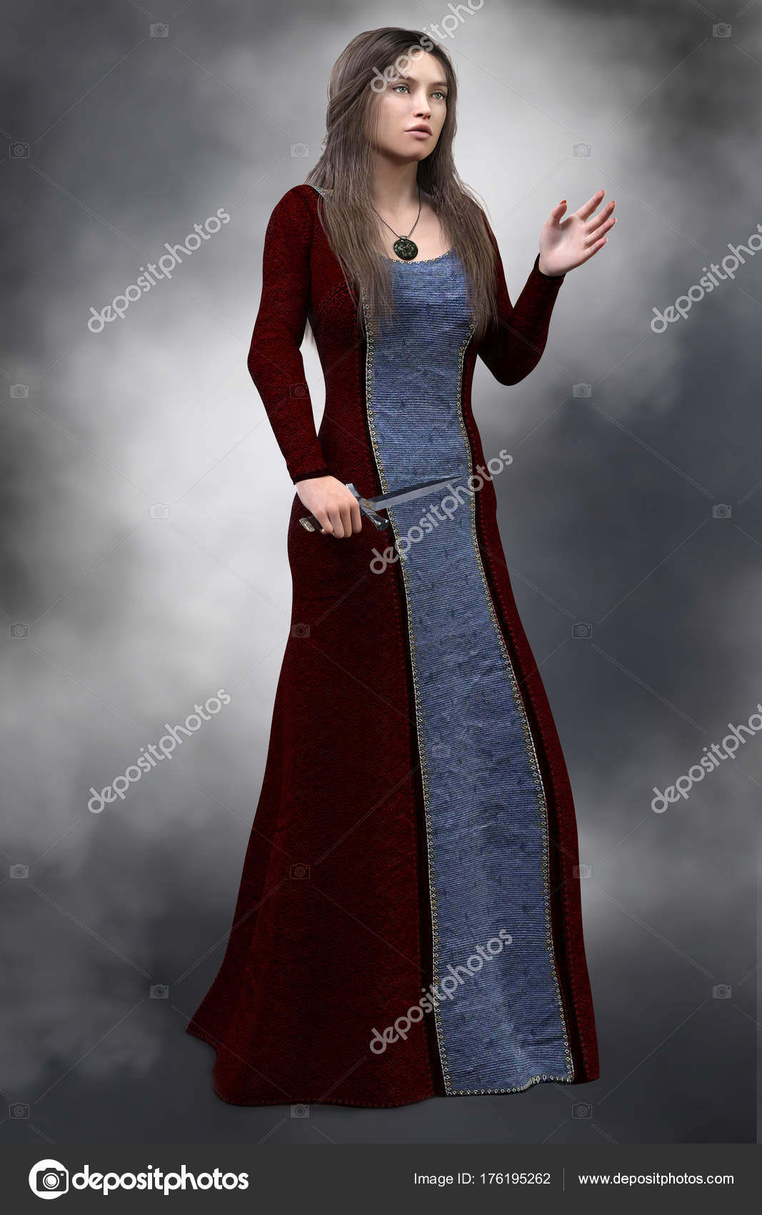 Medieval Queen in historical dress carrying a ceremonial dagger
