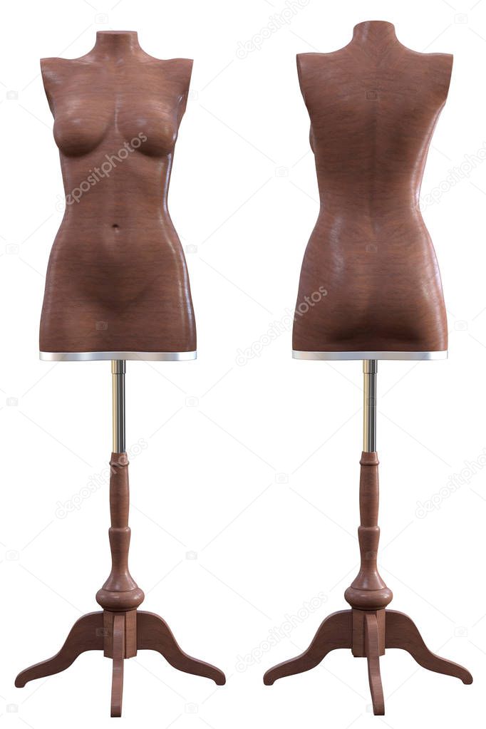 Two wooden manniquins on stands - front and back view