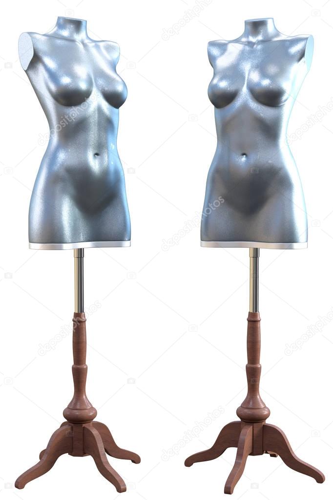 2 mannequins on stands - silver angled