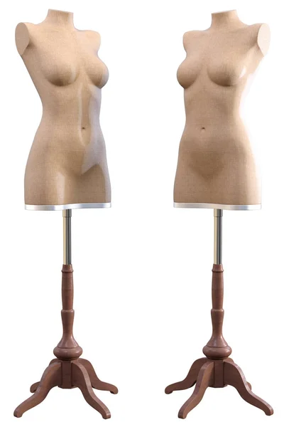 2 maniquíes de tienda de tela en soportes de trípode de madera - poses en ángulo — Foto de Stock