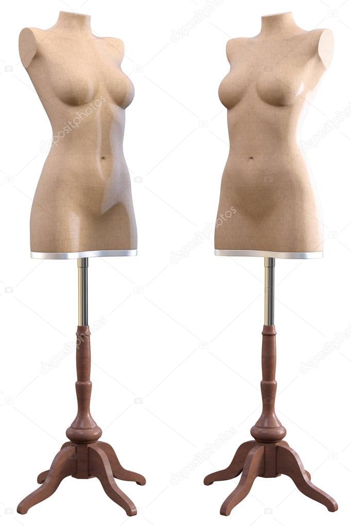 2 cloth shop dummies on wooden tripod stands - angled poses