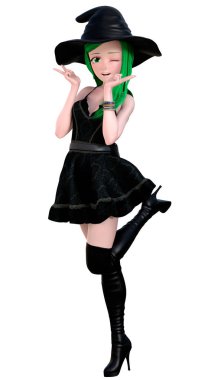 Küstah genç cadı kısa elbise, siyah çizmeler ve cadı şapka
