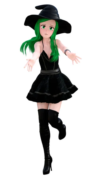 Bruxa bonita com cabelo verde vestido de preto — Fotografia de Stock