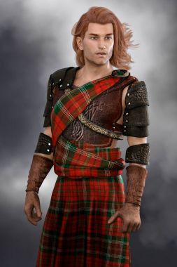 Handsome man wearing traditional Scottish battle dress in Highlander Costume style. clipart