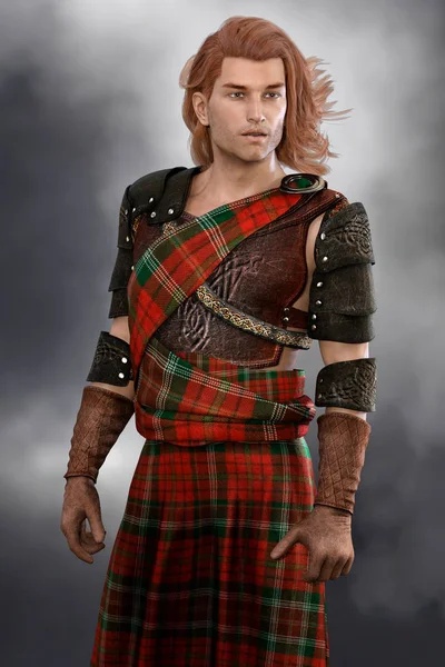 Hombre guapo con vestido de batalla tradicional escocés en estilo Highlander Costume . — Foto de Stock