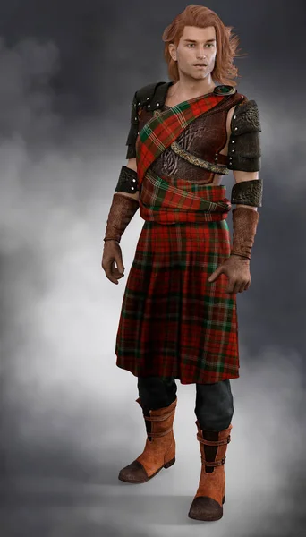Handsome Scottish Highland Warrior in a Tartan Kilt full figure — Stok Foto