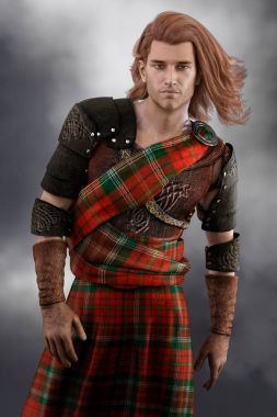 CGI Romantic Scottish Warrior Prince wearing armor and red kilt clipart