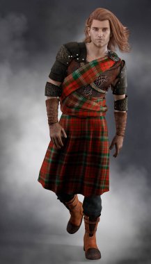CGI romantik İskoç savaşçı tam şekil zırh ve ekose etek giyiyor