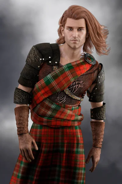 CGI Romantic Scottish Warrior Prince wearing armor and red kilt — Stock Photo, Image