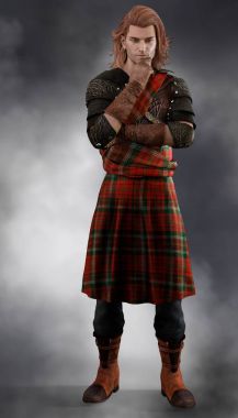 Thoughtful looking handsome Scottish Highland Warrior in red kilt clipart