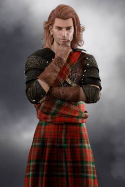 Bir düşünceli görünümlü yakışıklı İskoç Highland savaşçı portresi