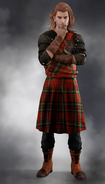Nachdenklich aussehender gutaussehender schottischer Hochlandkrieger im roten Kilt — Stockfoto