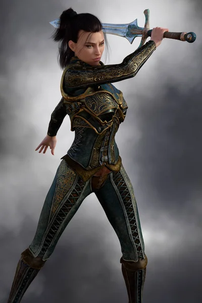 美丽的 swordswoman 战士穿着梦幻盔甲 Cgi — 图库照片