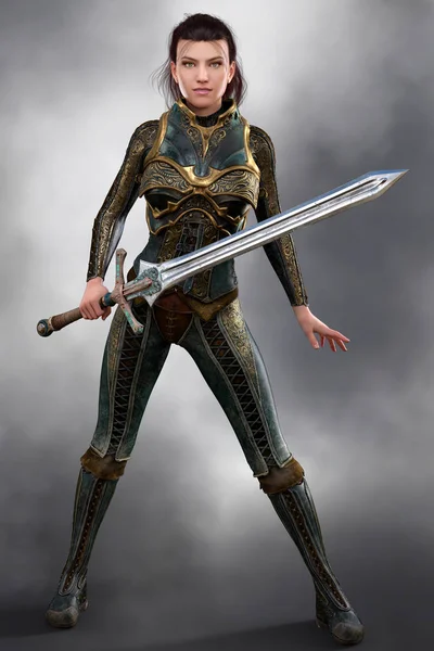 Brunette warrior princess in fantasy armor CGI — Stock Photo, Image