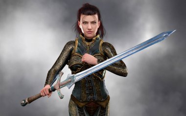 Fantezi kıyafeti giymiş güzel esmer kadın assassin savaşçı