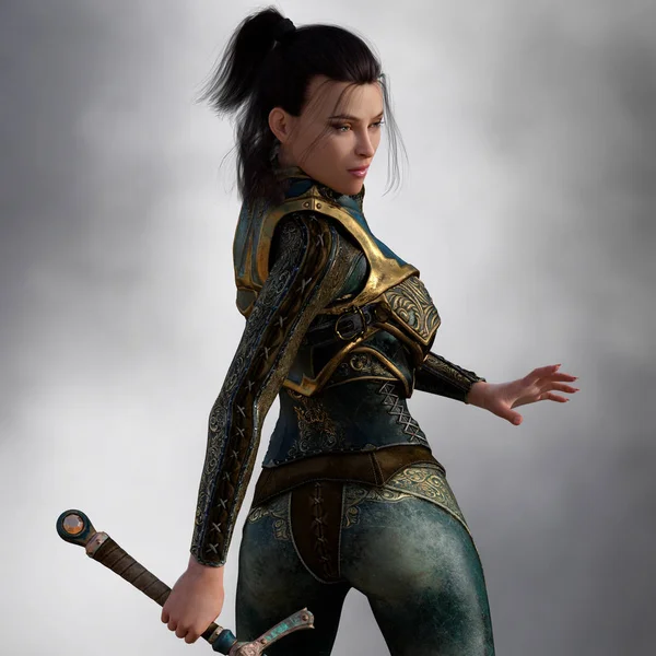 CGI Fantasy sword woman carrying a sword — Stock Photo, Image