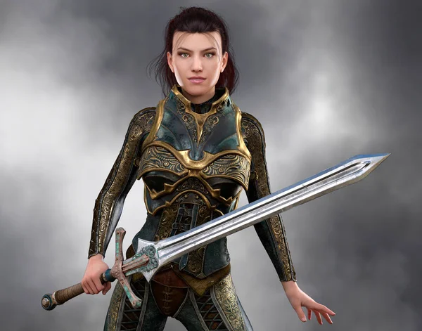 Beautiful brunette woman holding a sword and dressed in fantasy outfit — Stock Photo, Image